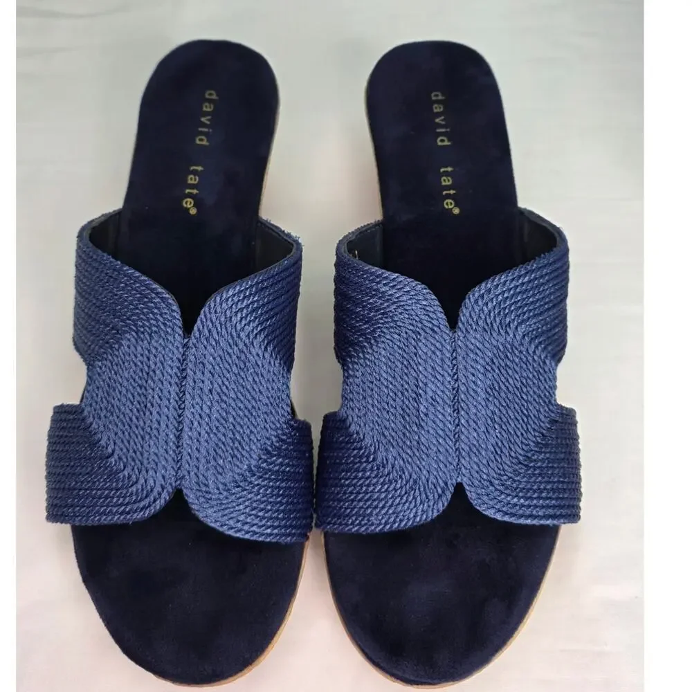 David Tate Navy Fabric Wedge Slide Sandals 7M Comfort Cushioned Resort Casual